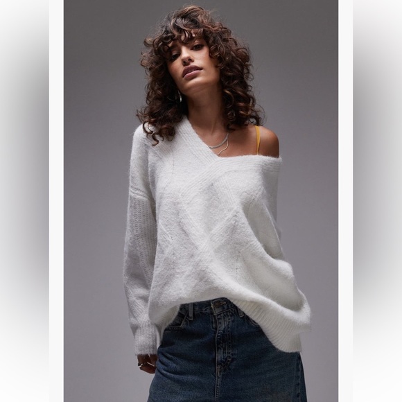 Topshop Oversized Off-the-Shoulder V-Neck Sweater - Picture 1 of 6